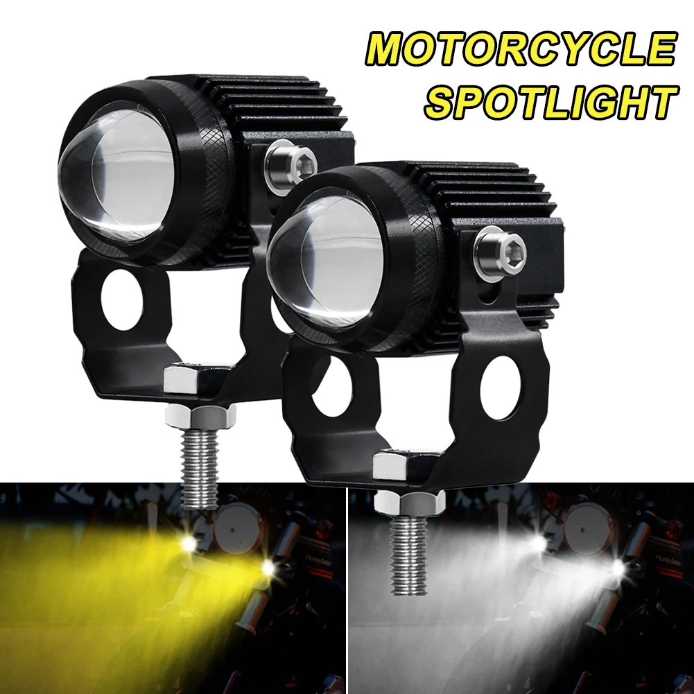 Universal Motorcycle LED Headlight Projector Lens Dual Color ATV Scooter Driving For Cafe Racer Light Auxiliary Spotlight Lamp