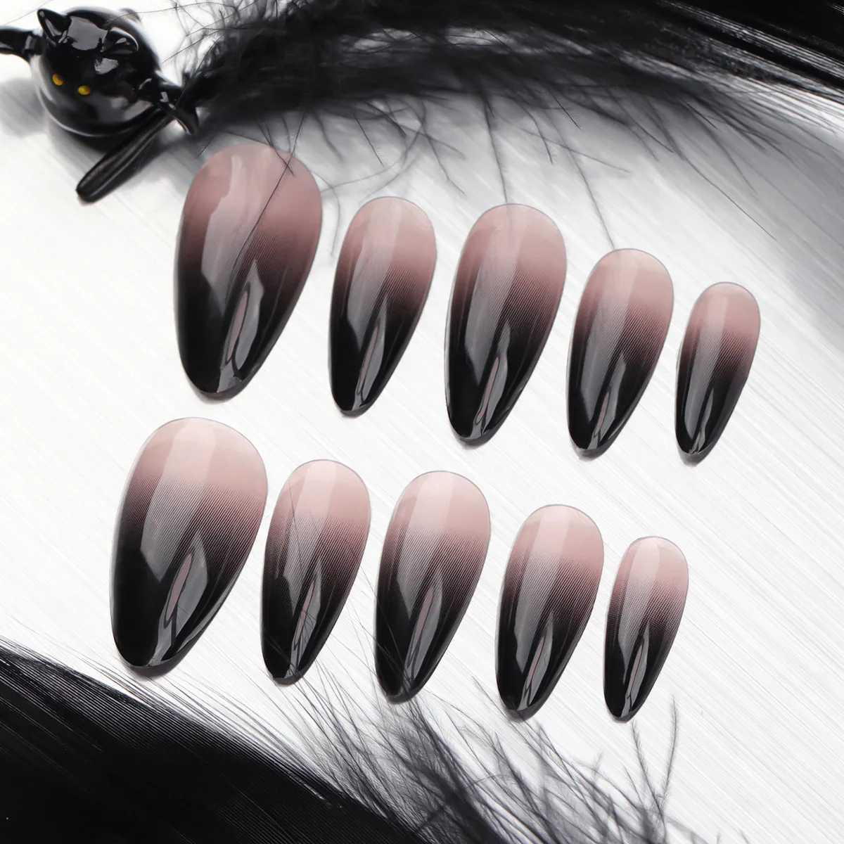 Black Gradient French Halloween Almond Shape Fake Nails Ghost Pumpkin Detachable Finished False Nails Press on Nails with Glue