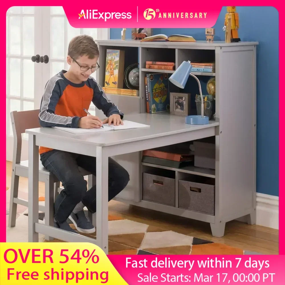 Children's Desk with Desk and Chair (Grey) - Wooden Cube Storage Organizer for Home Schools, Children's Learning Desk