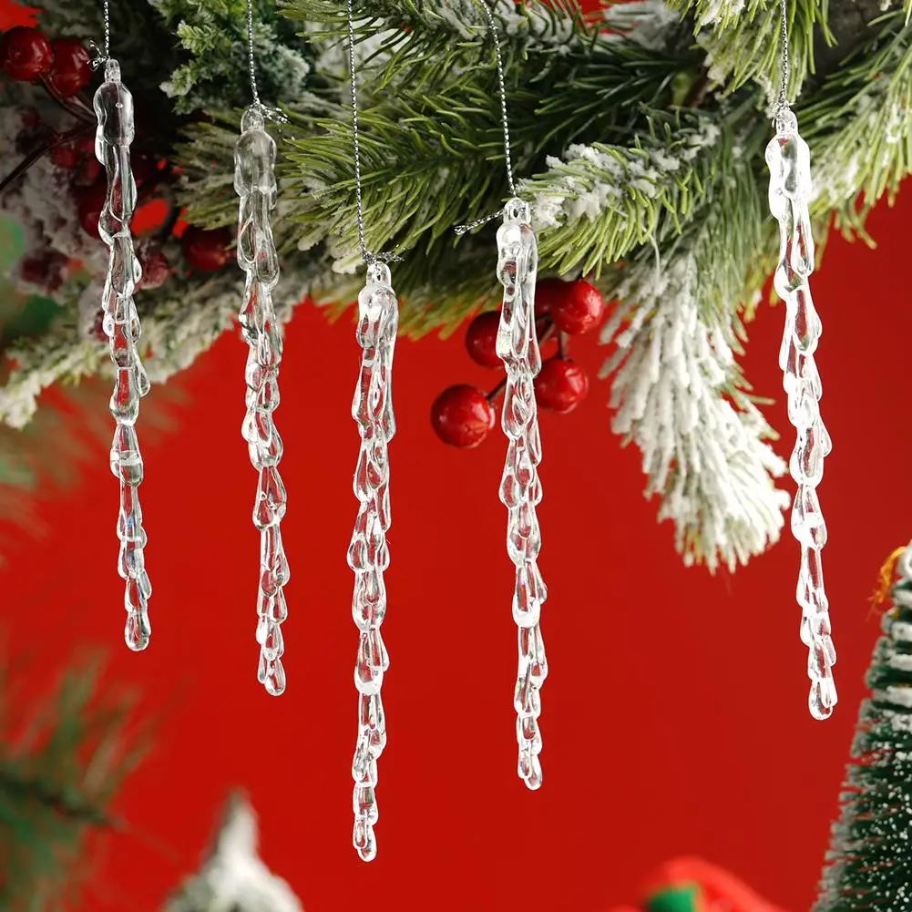 12Pcs Christmas Tree Hanging Ornaments Clear Simulation Ice Acrylic Crystal Fake Icicle Winter Party New Year Home Decor