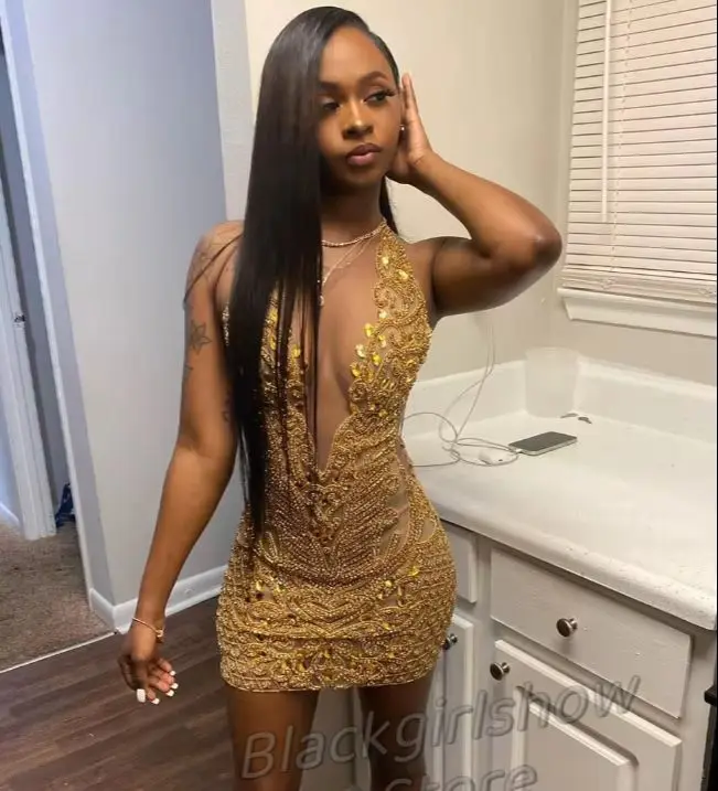 Luxury Gold Short Mini Cocktail Dress 2024 For Women Glitter Beaded Crystal Black Girls Birthday Party Celebrity Dresses فساتين