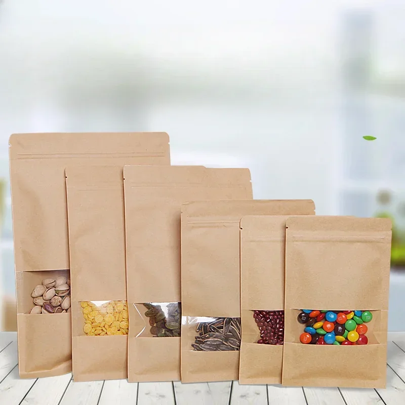Bolsa autosellante con ventana transparente de papel Kraft de 0,28mm, bolsas de exhibición con cierre de cremallera de fondo plano, bolsa de almacenamiento a prueba de humedad para aperitivos y café