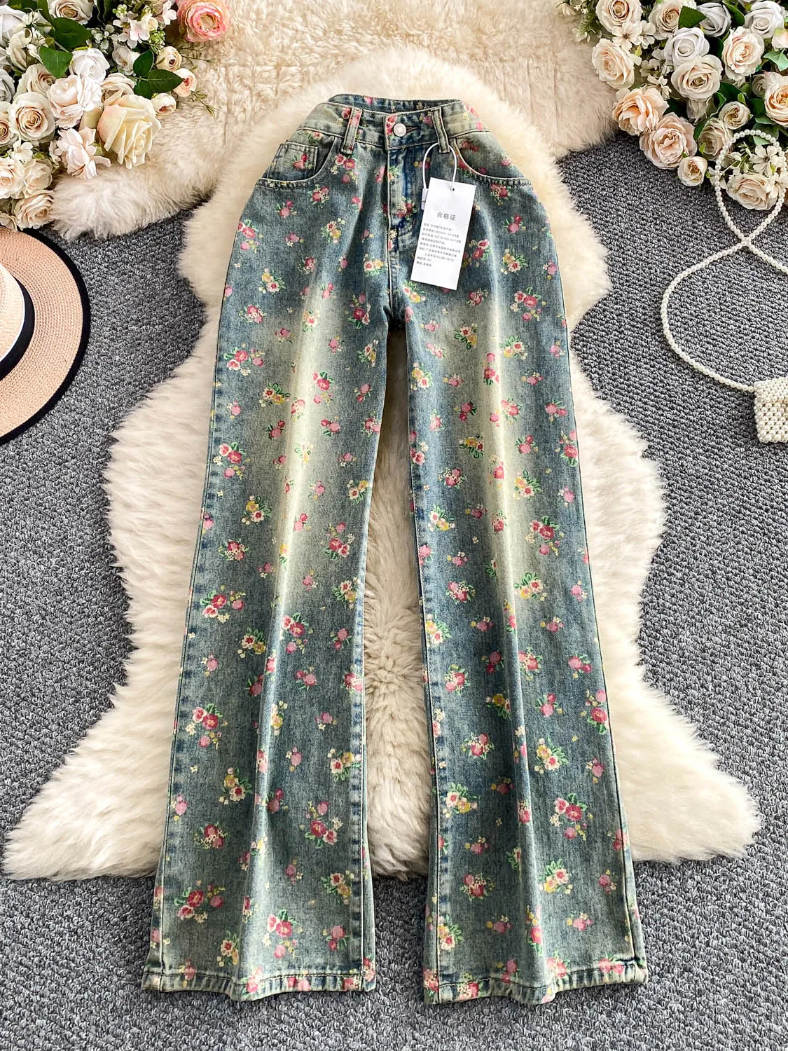 

Утягивающие джинсы American Sle с высокой талией и цветочным принтом, женские модные высокие джинсовые брюки с иллюзией для поездок на работу