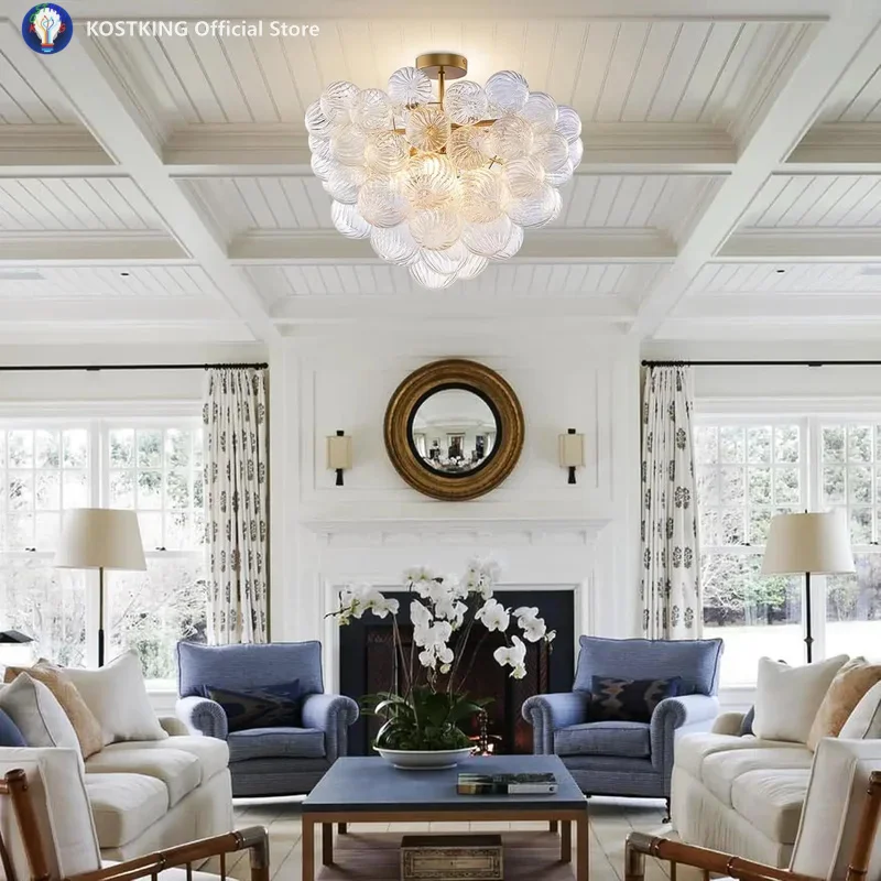 Nordic Glass Bubble Hanging Chandelier Bedroom Round Ball Ceiling Pendant Light LED Ceiling Chandelier for Living Room
