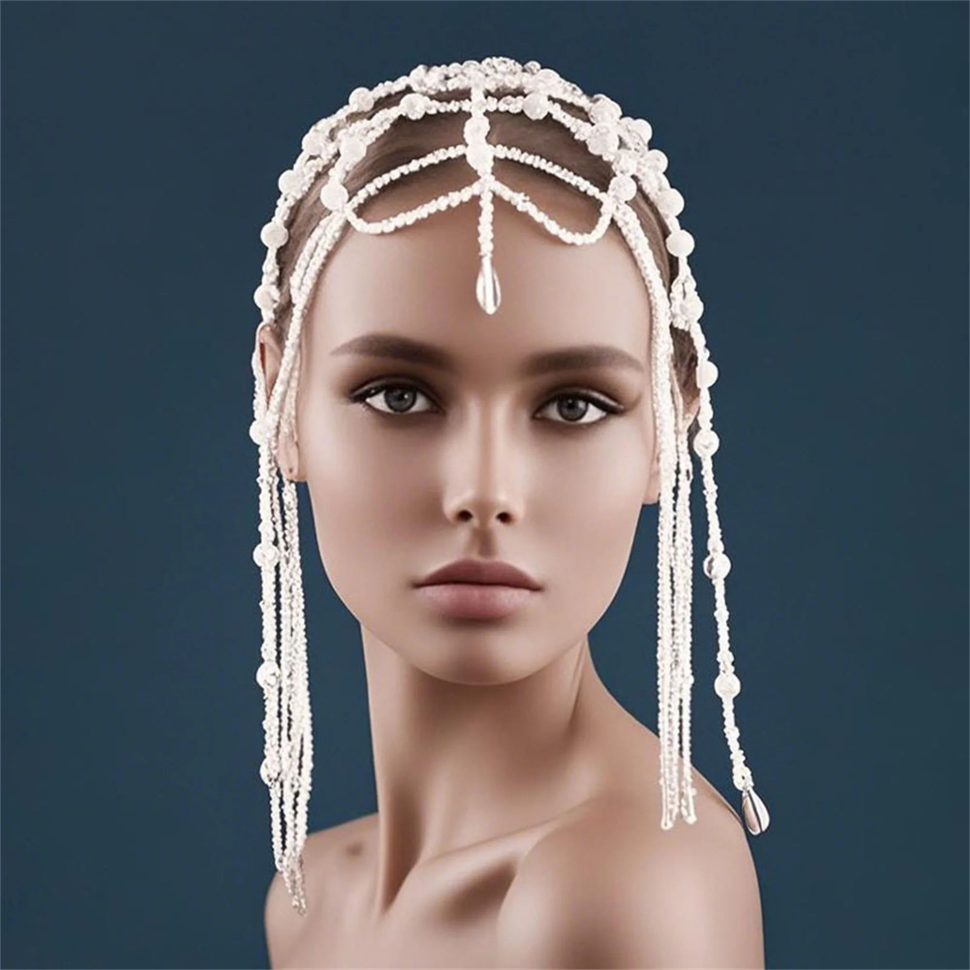 

Bridal Crystal Headpiece Vintage Hair Chain with Pearls and Rhinestones for Wedding Party Hair Accessories