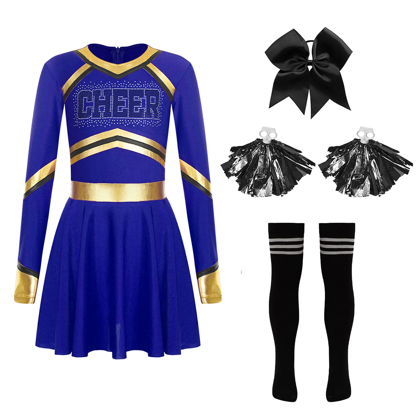 

Kids Girls Cheerleading Outfit Glittery Rhinestones Letter Contrast Color Long Sleeve Dress+Bowknot Hair Band+Flower Balls+Socks