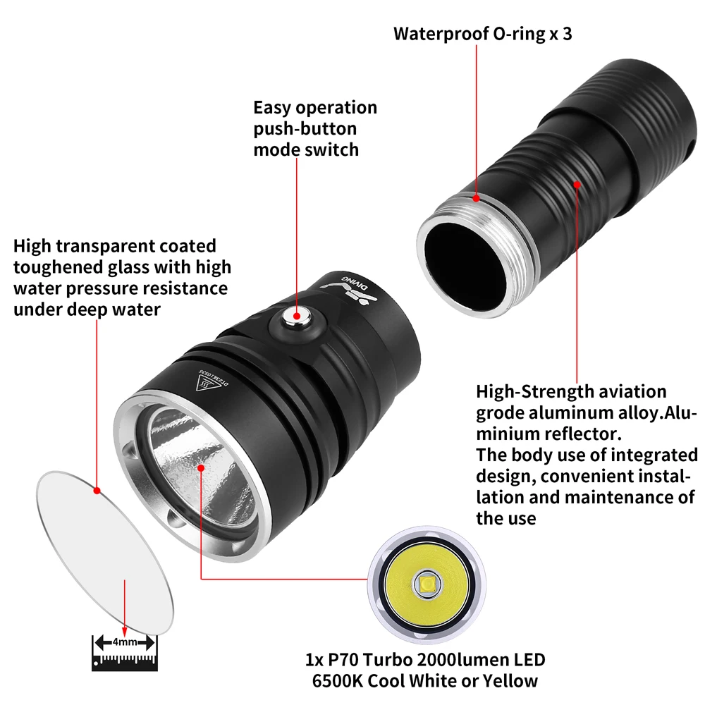 XHP70 Diving flashlight 2000LM LED White /Yellow Dive Lantern 5-Modes Underwater 100M Waterproof Headligh 26650 Tactic Camp Lamp