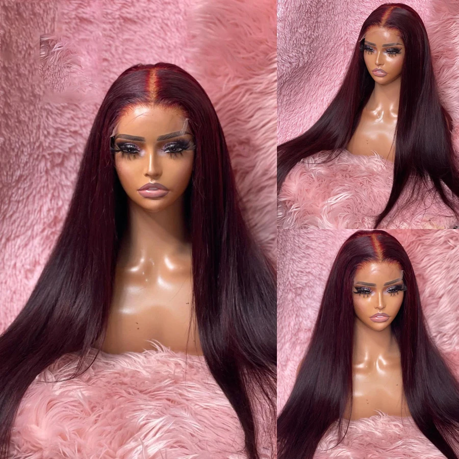 99j Soft 26“ Long 180Density Burgundy Straight Lace Front Wig For Black Women BabyHair Synthetic Heat Resistant Preplucked Daily