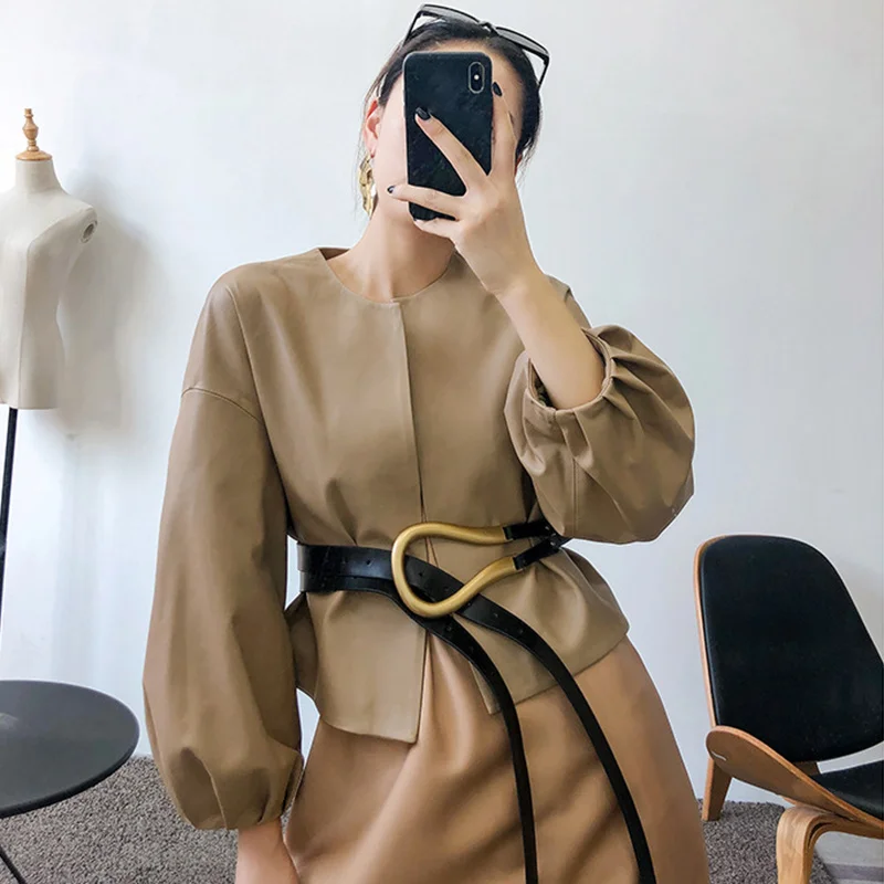 Short Genuine Coat Leather Women's 2023 Spring Korean Loose Casual O-Neck Lantern Sleeve Sheep Leather Jacket Women's Clothing