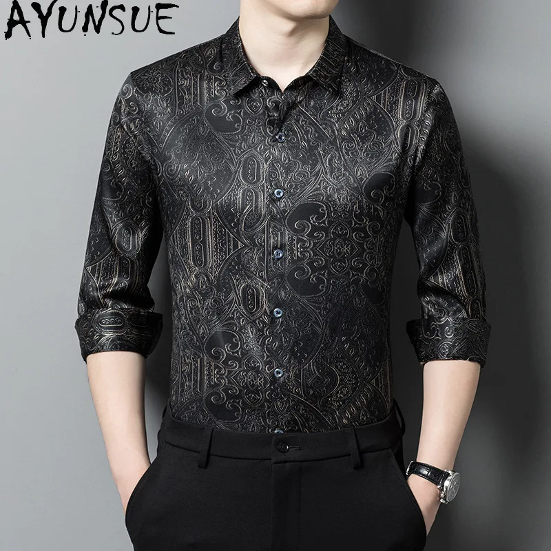 AYUNSUE Heavyweight 92.5% Mulberry Silk Shirt for Man Spring Summer Fashion Printed Long Sleeve Shirt Casual Mens Shirts 남성의류