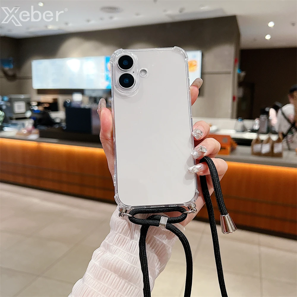 For iPhone 18 17 16 15 14 ProMax Crossbody Necklace Cord Lanyards Transparent Case For iPhone 11 12 13 Pro Max XS XR Soft Cover