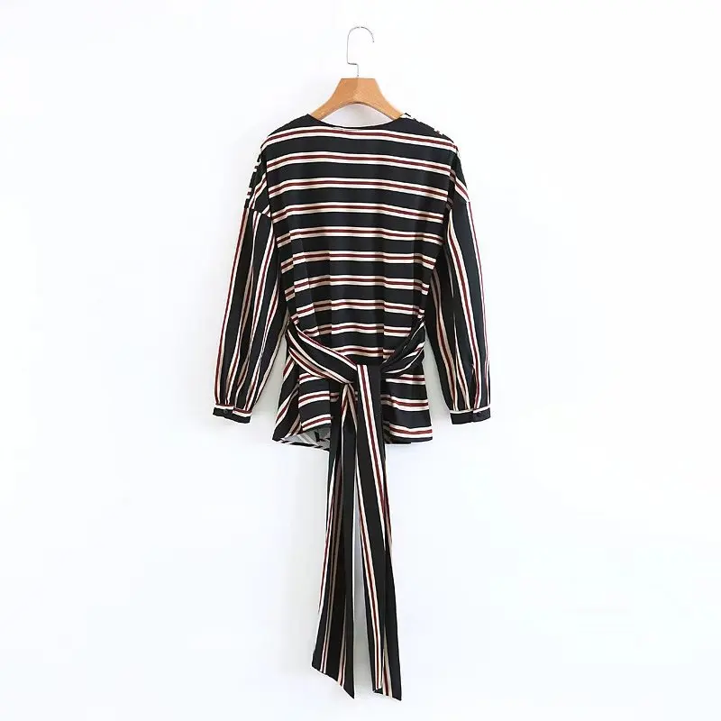 

Autumn Winter Women's New Laceup Striped irt Long Sve Polyester Fiber 00% Ladies Premium Faion Casual irt