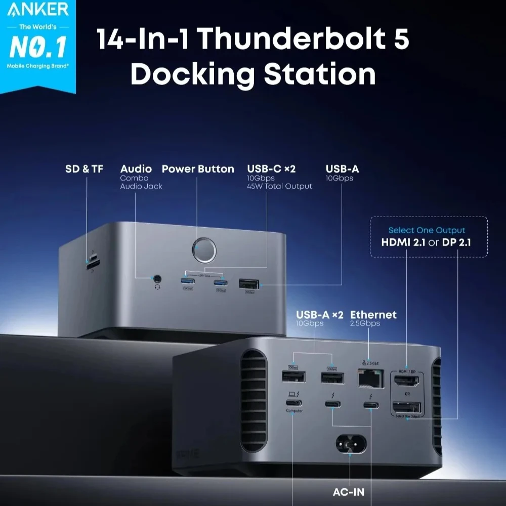 Anker A83B5 14‑in‑1 Thunderbolt 5 Docking Station 140W PD Charging 2.5G Ethernet Multiport USB Hub for MacBook Windows Laptop