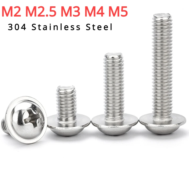 304 Stainless Steel Round Head Screws With Washers Phillips Pan Head Screws And Bolts  M2 M2.5 M3 M4 M5