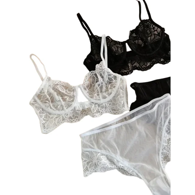 

KUCLUT Lace Large Breasts Show Small Push-up Bra Cover Underwear Ultra Thin Set Transparent White Sensual Pure Desire Underwear