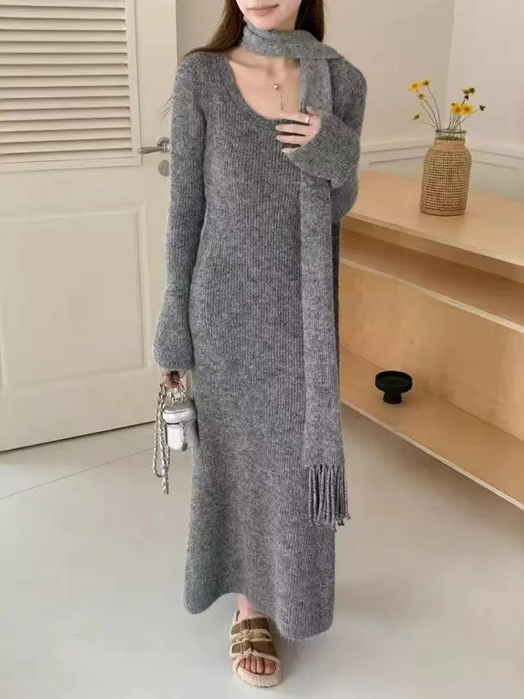 Robe mi-longue tricotée Vintage Y2K, Slim avec écharpe, manches longues, Streetwear coréen, Chic, assortie avec tout, automne