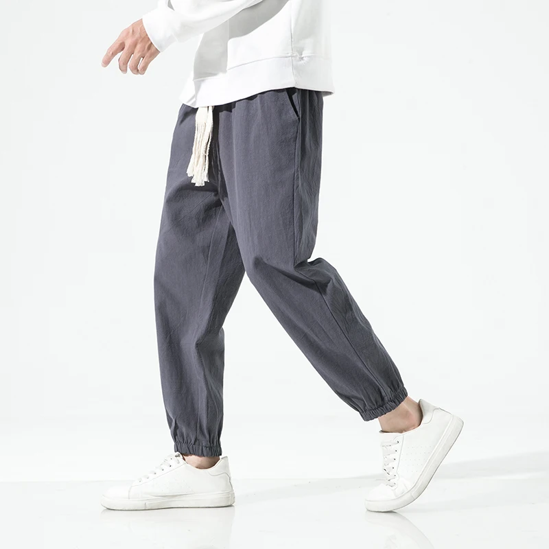 Chinese Style Cotton and Linen Loose Men's Pants Male Summer New Breathable Solid Color Linen Cropped Pants Fitness Streetwear