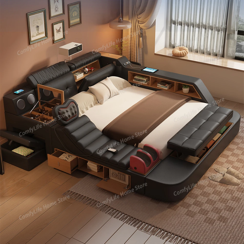 Luxury Tech Smart Multifunctional Bed with Massage Chair, Bluetooth Speakers, Projector, USB – Modern Upholstered King Size Bed