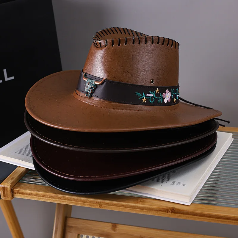 Vintage Mode Kuhkopf verziert Western Cowboy Hut Kunstleder Panama Stil Eimer Jazz Cap für Männer