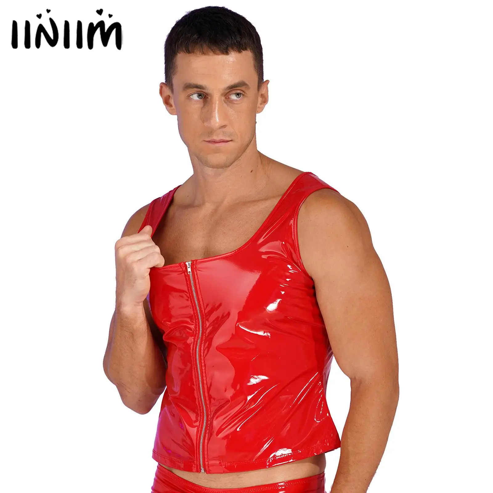 

Mens Fashion Zipper Patent Leather Tank Top Wet Look U Neck Sleeveless Vest Party Clubwear Pole Dancing Rave Outfit