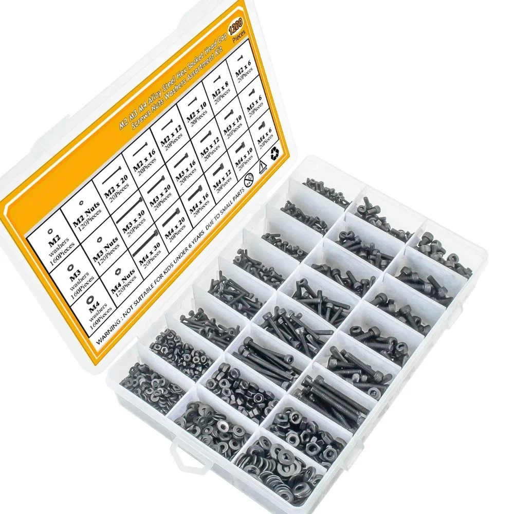 

1200Pcs screw set black Alloy steel Hexagon Hex Socket Head cap Screw Washer Nut M2M3M4*6/8/10/12/16/20/30 Assortment Kit