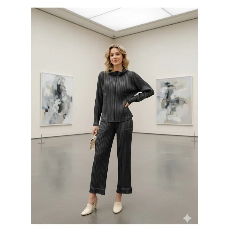 

Miyake плиссированный джинсовый костюм с имитацией плиссе, весна-лето 2026, новый универсальный пиджак-кардиган + повседневные прямые брюки, комплект из 2 предметов