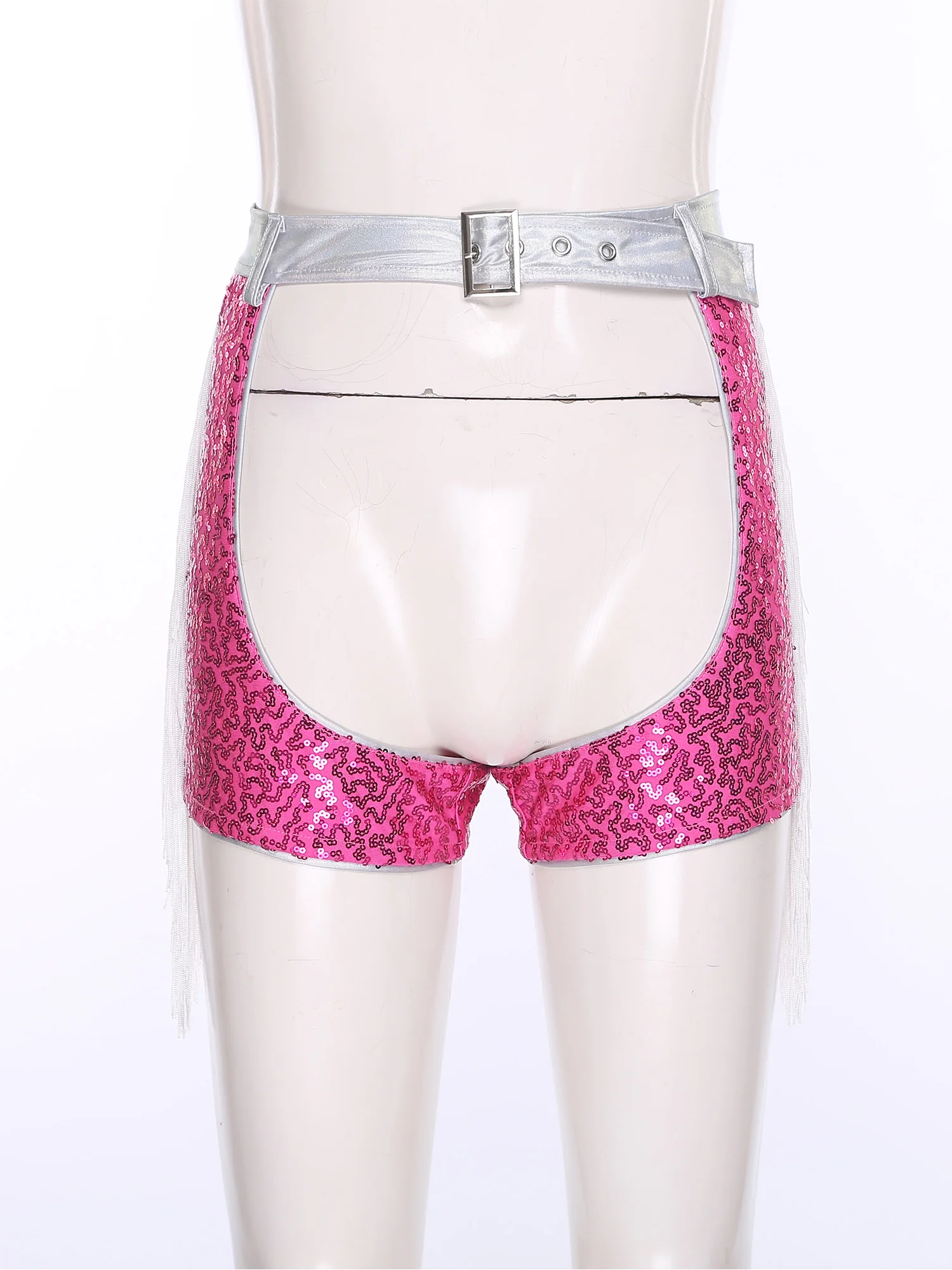 Женские шорты с открытой промежностью и блестками, шорты с боковыми кисточками, регулируемый пояс, шорты контрастного цвета для диско-бара, сцены