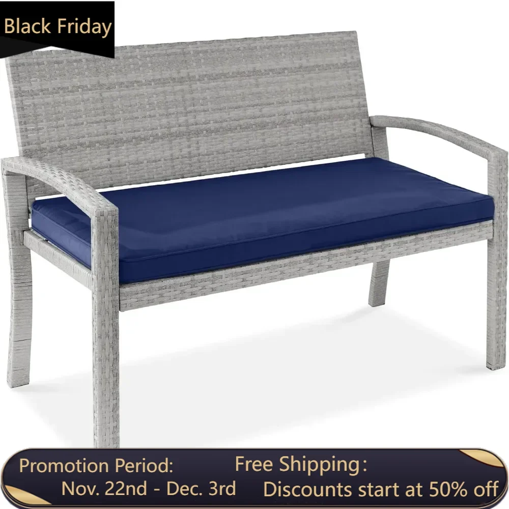 Outdoor Bench 2-Person Wicker Garden Patio Benches Seating Furniture for Backyard, Porch w/Seat Cushion