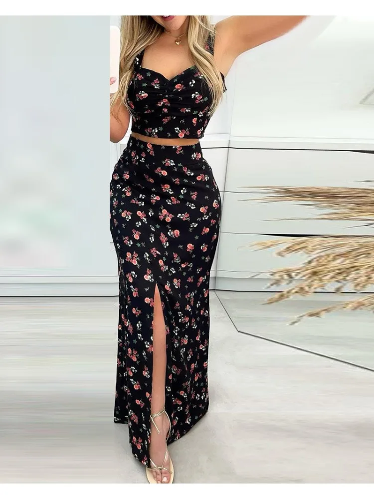 Spring Summer Floral Printed Slim 2 Piece-Set For Women Crop Top+Maxi Long Skirt Sets Ladies Outfits Split Casual Two Piece