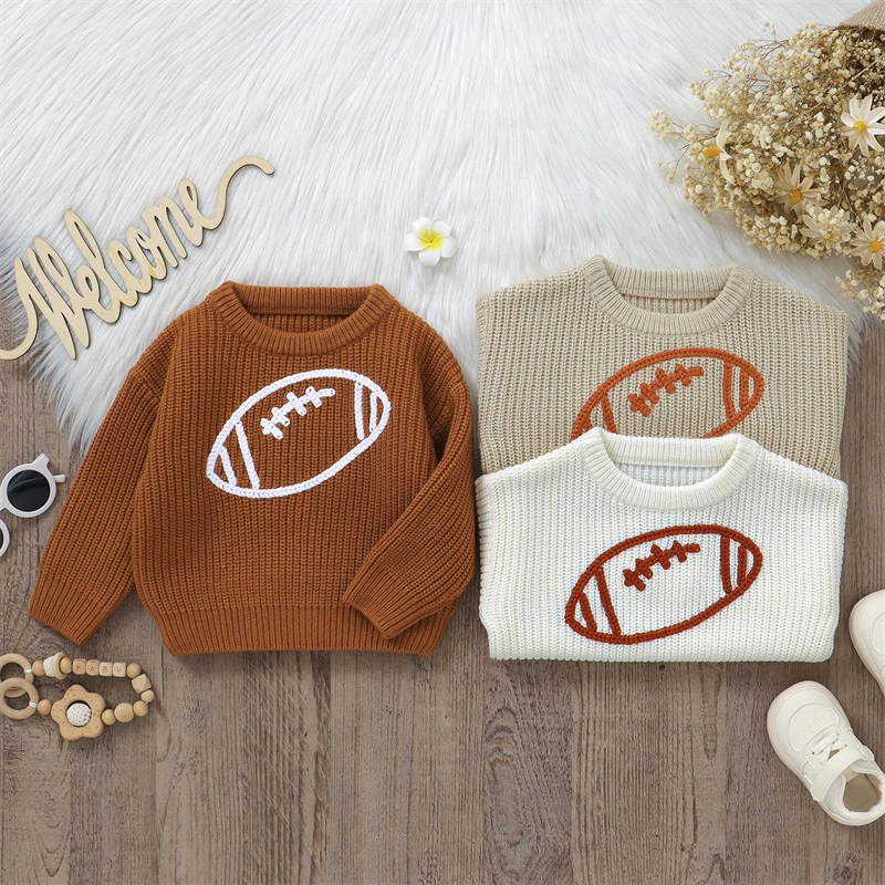 Baby Sweater, Long Sleeve Crew Neck Rugby Embroidery Winter Warm Knit Pullover Tops Infant Clothes for Girls Boys