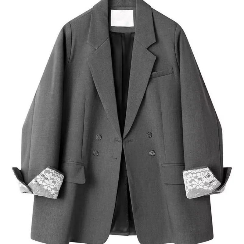 New 2026 Spring Autumn Women Blazer Jacket Korean Casual Lace Cuffs  Women's Outerwear  Versatile Double-breasted Commute  Tops