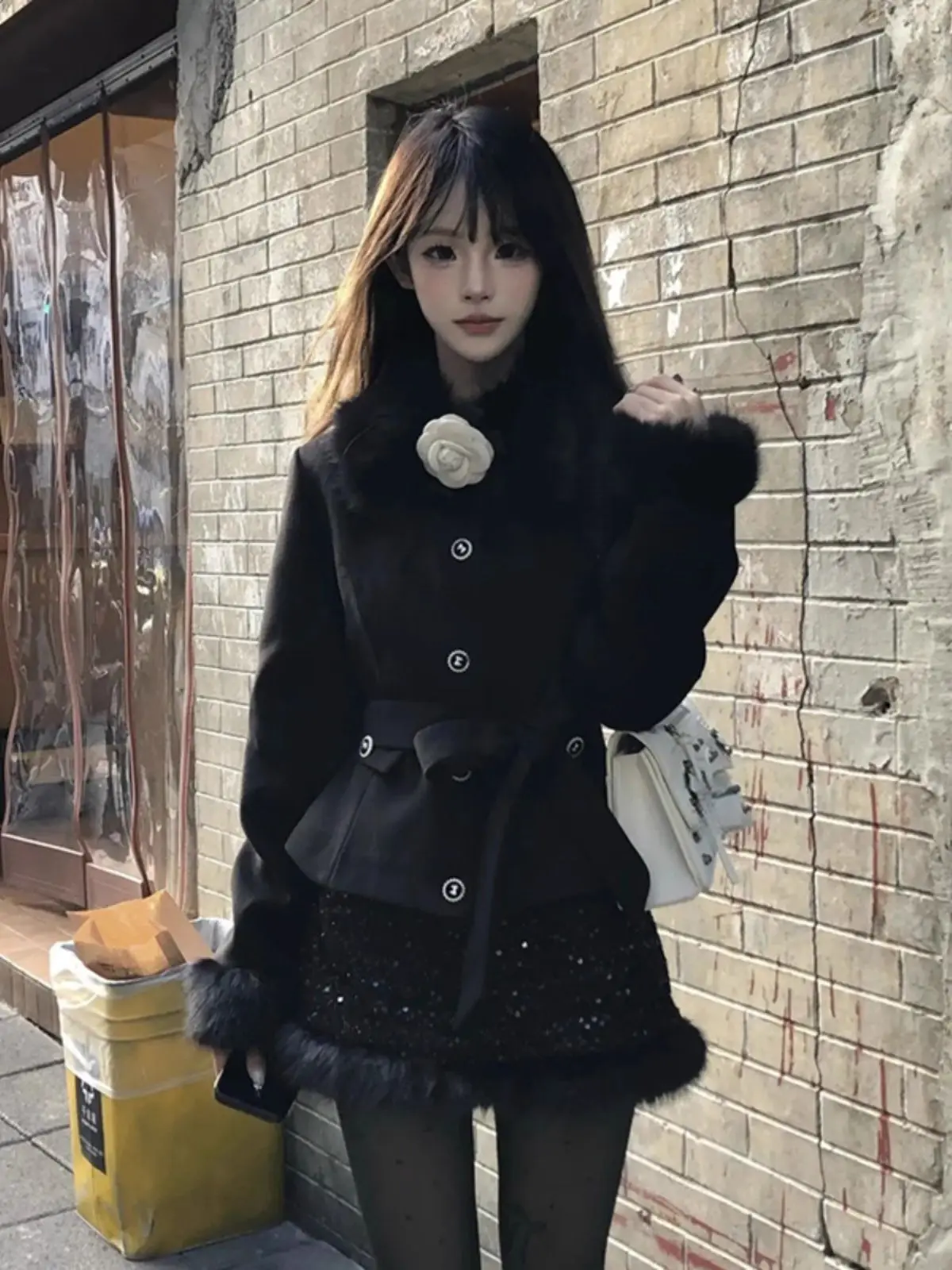 

Новогодний комплект Bla Fraance Sle, женское зимнее высококачественное женское пальто с меховым воротником, юбка с запахом на талии