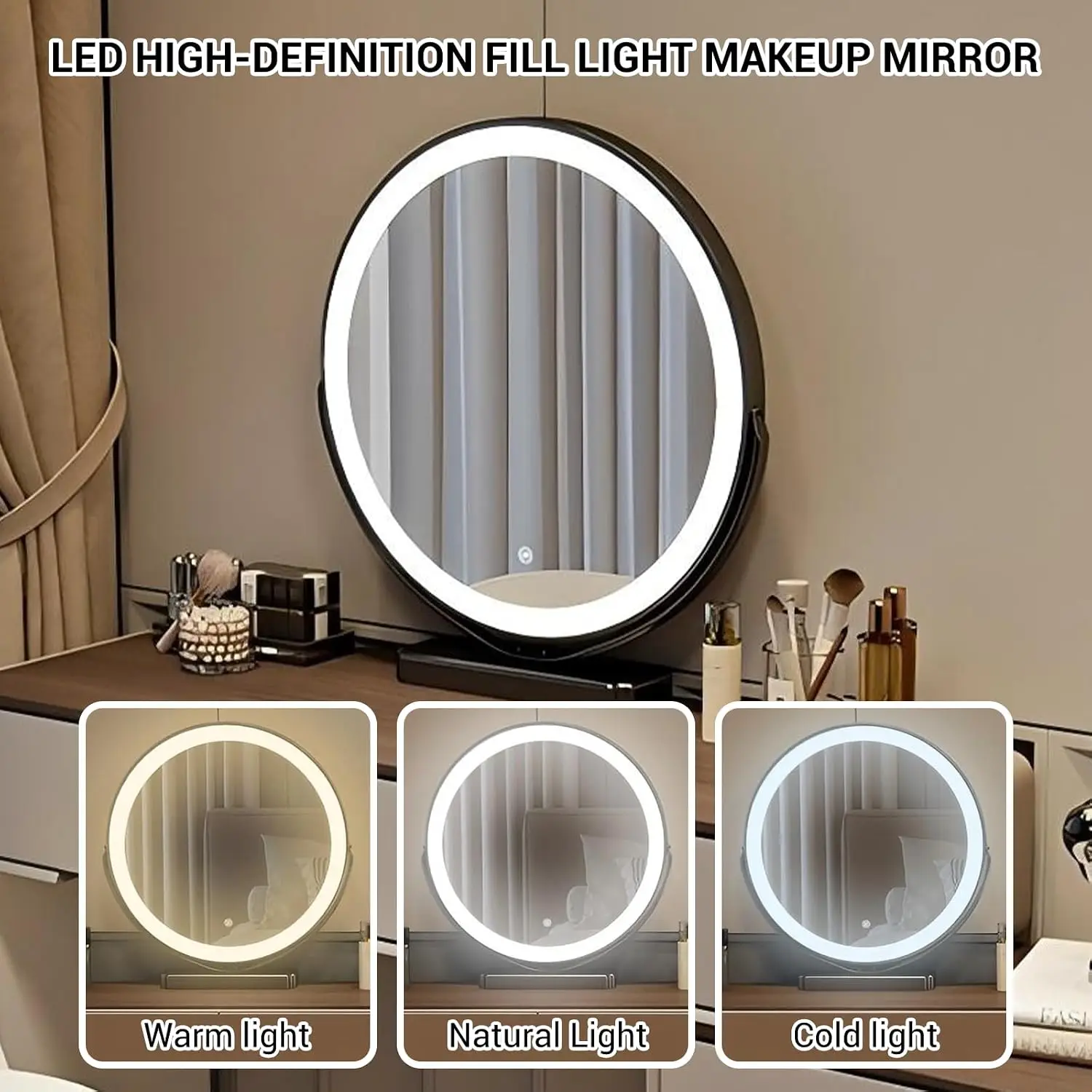 Vanity Table Set, Solid Wood Vanities with Smart LED Round Mirror, Wooden Desktop and Makeup Chair, Modern Vanity Desk with Expa