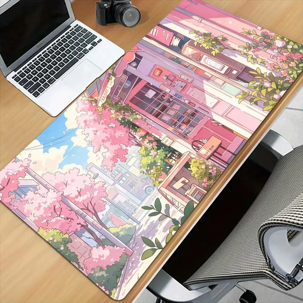 Japanese-style pink street scene Mouse Pad Desk Mat with Stitched Edge Mousepads Rubber Anti-slip Gamer Keyboard Rug Gaming Mats