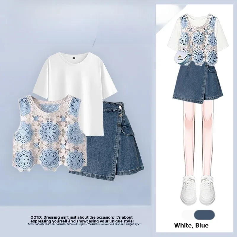 Summer New Casual Set Women's Fashion Age-Reducing Vest Short Sleeve Top with High Waist Skirt Pants Three-Piece Set