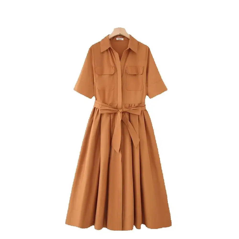 European and American style women's autumn new style temperament slim fit short sleeved waist cinched lace up poplin dress