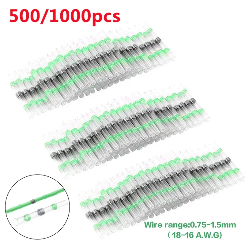 

100/1000pcs Green Solder Seal Wire Connectors Waterproof Heat Shrink Butt Connector AWG18-16 Insulated Cable Splice Terminals