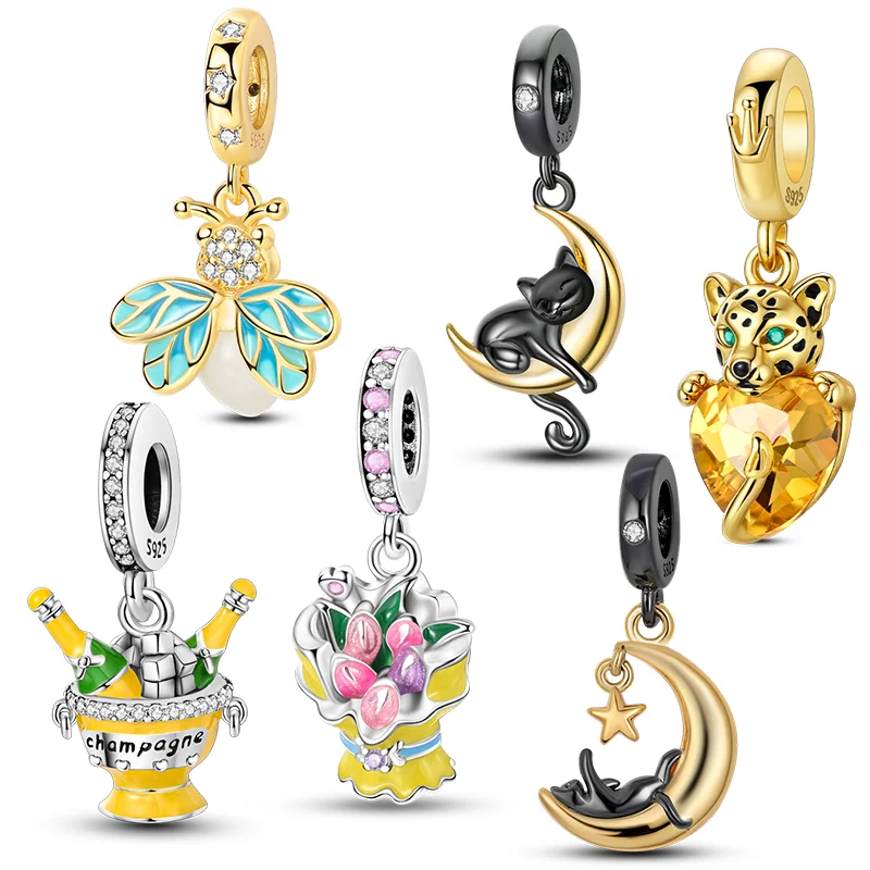 Silver Plated Golden Charms Leopard Firefly Monkey Cat Beads Dangle Fit Original Bangle Pendant Bracelet DIY Jewelry
