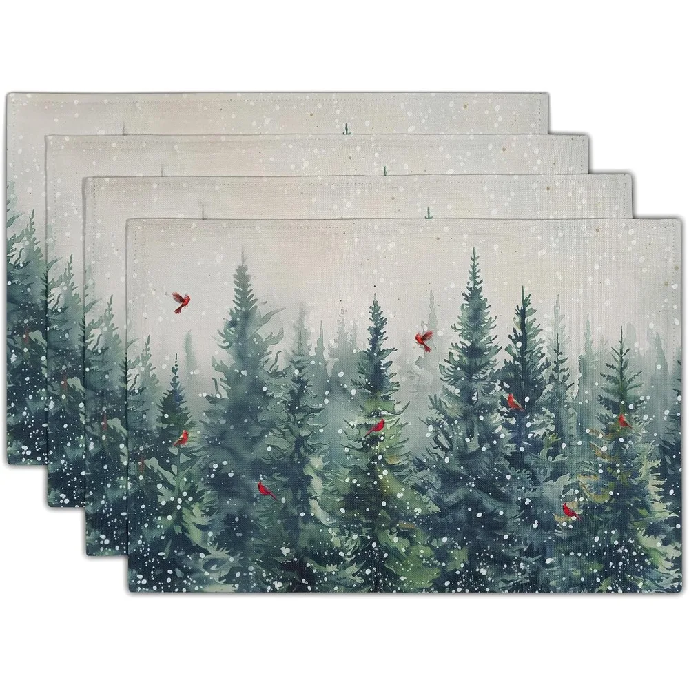 

Зимние салфетки сосны, набор из 4 акварельных рождественских лесов, красных птиц, льняной коврик для стола, 12 x 18 дюймов, украшение для рождественской снежной елки