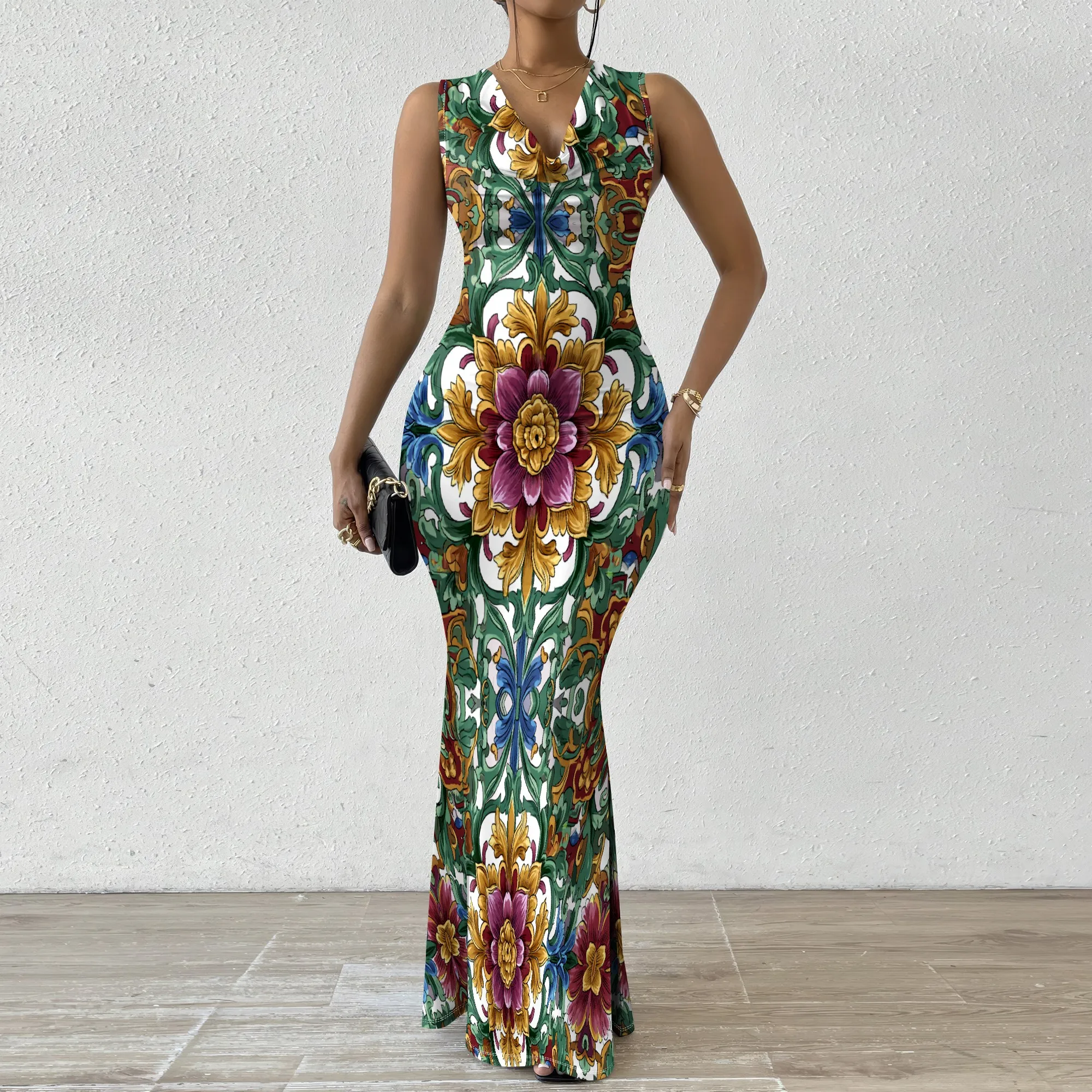Elegant Floral Print Maxi Dress XS-2XL Perfect for Autumn Winter Parties, Weddings, and Evening Outfits