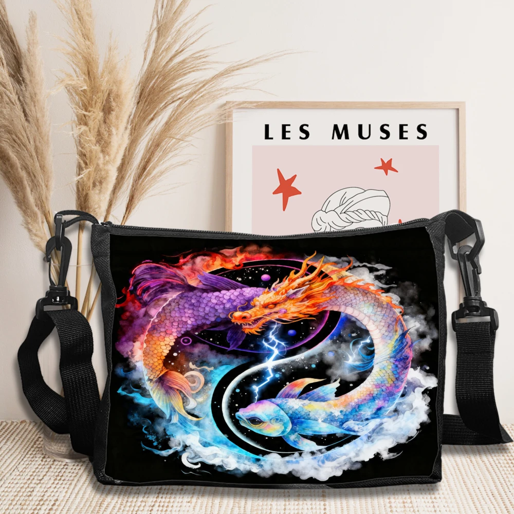 1pc Dragon And Fish Cosmic Design Crossbody Bag Black Mythical Creature Print Shoulder Bags For Women Men Travel Daily Use