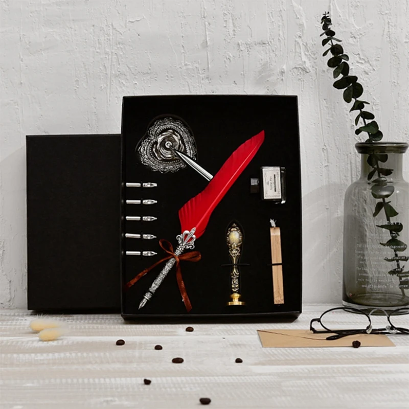 Caligrafia Quill Pen com Wax Seal Sticks para Iniciantes, Feather Dip Pen, Writing Ink Set, Gift Box