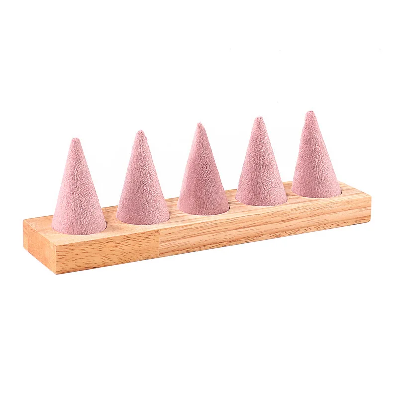 Pink Conical Ring Display Stand, Solid Wood Minimalist Pointed Finger Stand, Ring Support, 5-finger Ring Display Plate