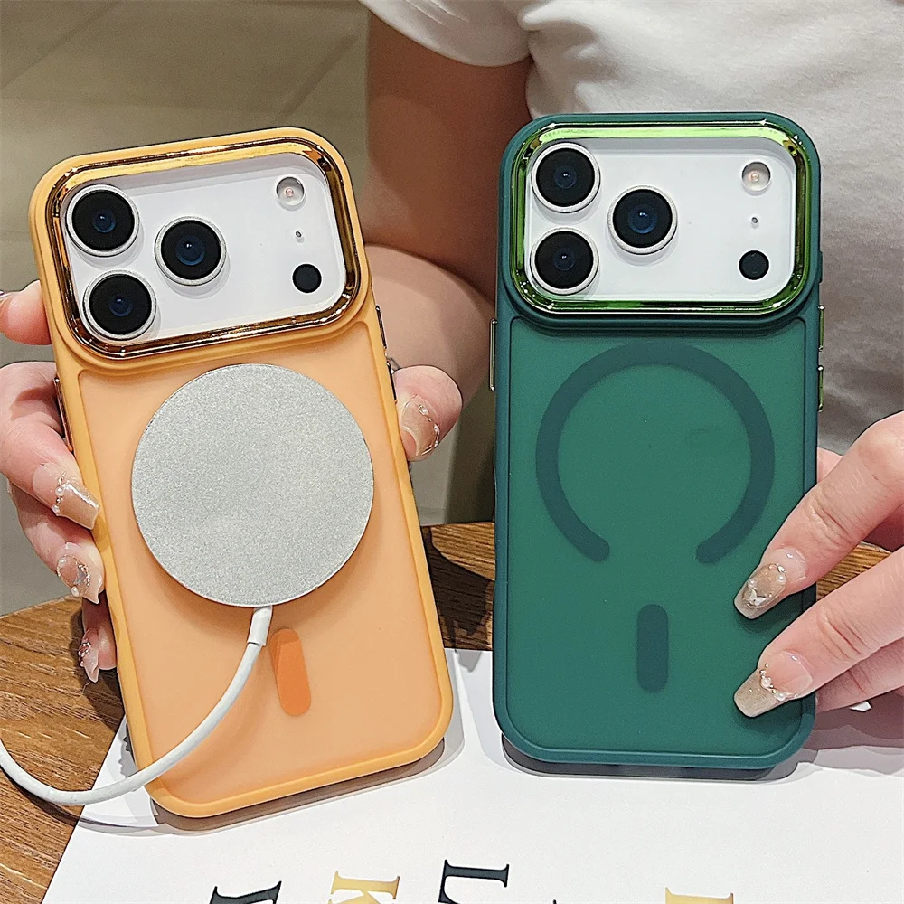 Durchscheinende, stoßfeste, magnetische Handyhülle für iPhone 17, Air 16e, 16, 15, 14 Plus, 13 Pro Max, vergoldeter Kamerarahmen für Magsafe-Abdeckung