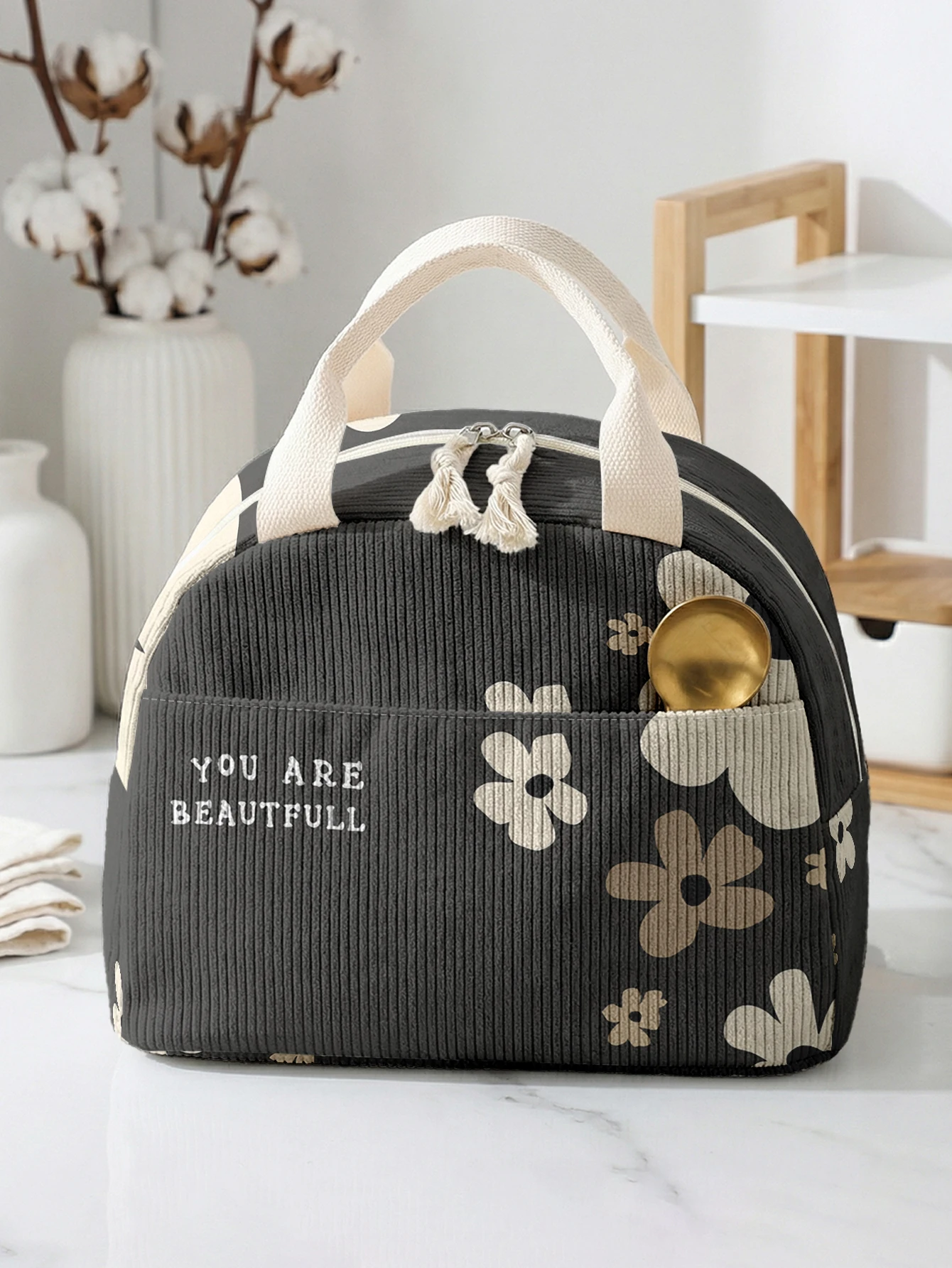 Neutral Floral Letter Insulated Lunch Bag Corduroy Portable Hand Food Storage Tote For School Outdoor Travel