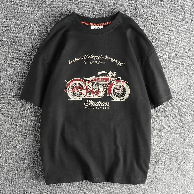 

5103# Summer New American Retro Short Sleeve O-neck Motorcycle Printed T-shirt Men's Simple 100% Cotton Washed Casual Youth Tops