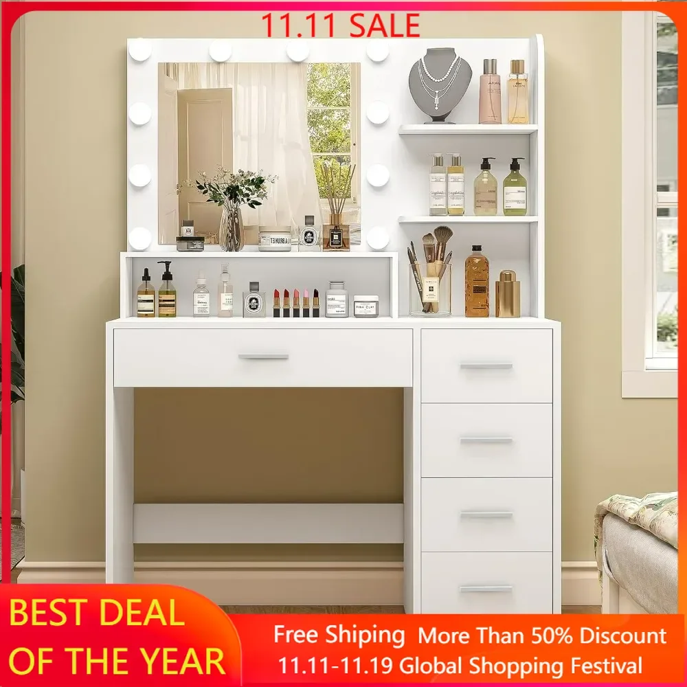 

Makeup Vanity Desk with Mirror & Lights, Drawers&Storage Shelves, 3 Color Modes & Adjustable Brightness Dressing Table, Bedroom