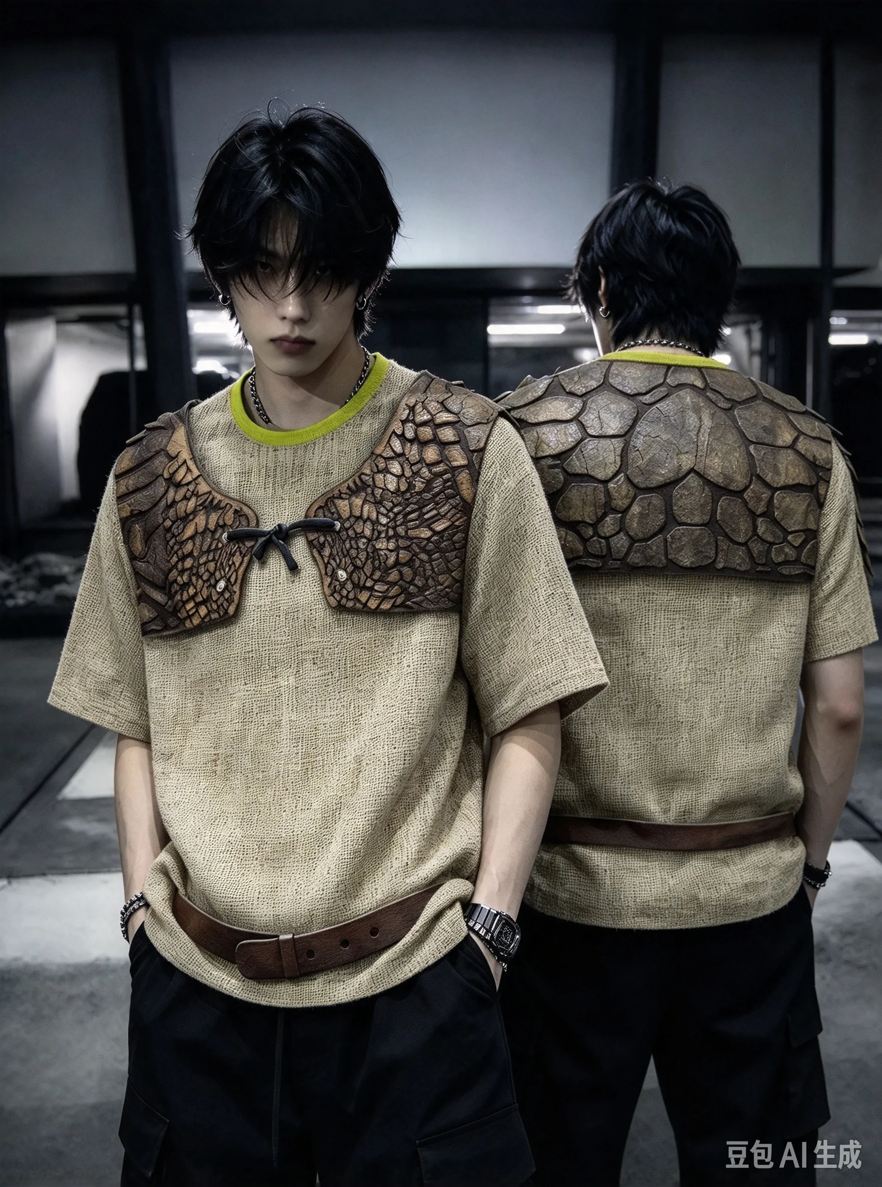 New Trendy Leather Armor Pattern 3D Printed Fashionable Loose Short-sleeved Casual Daily Men's Casual Round-neck Shirt