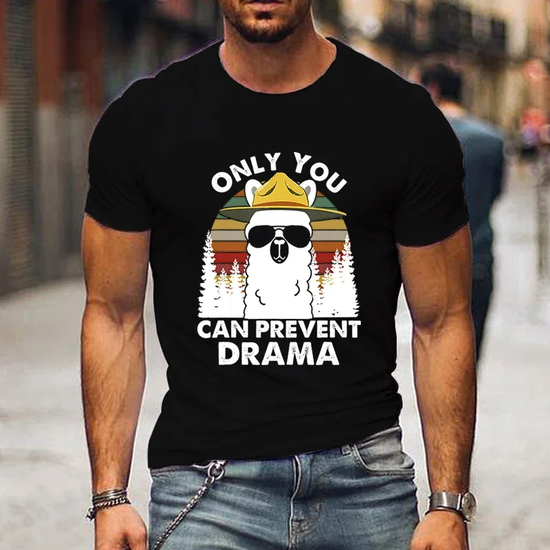 Llama Men T Shirts Llama Camping Only You Can Prevent Drama Graphic Tee Shirt Vintage Animal Men Summer Harajuku Unisex Tshirt