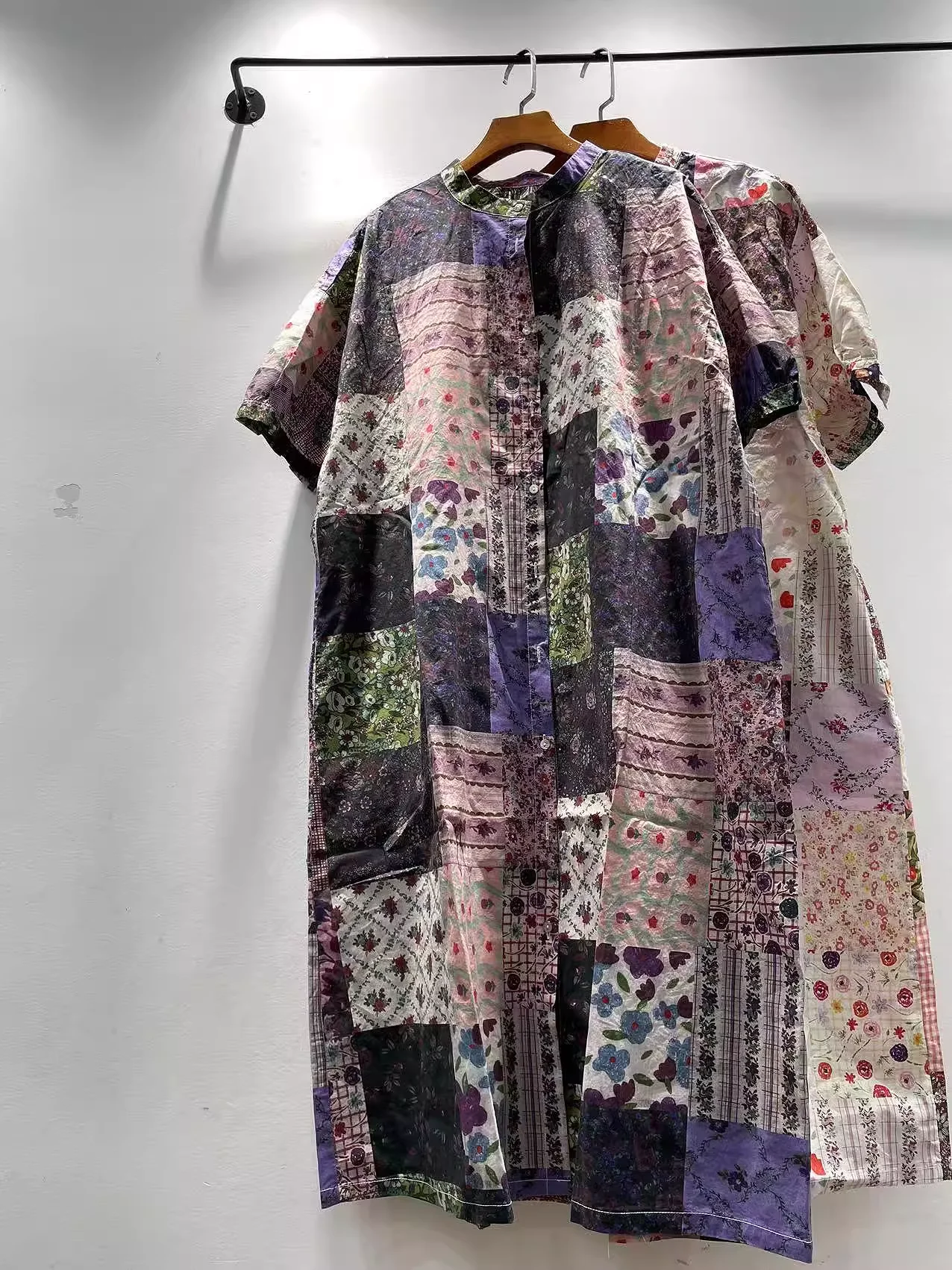 2025 빈티지 롱 드레스 여성 여름 하라주쿠 패션 프린트 패치워크 셔츠 드레스 100% 코튼 싱글 버튼 드레스